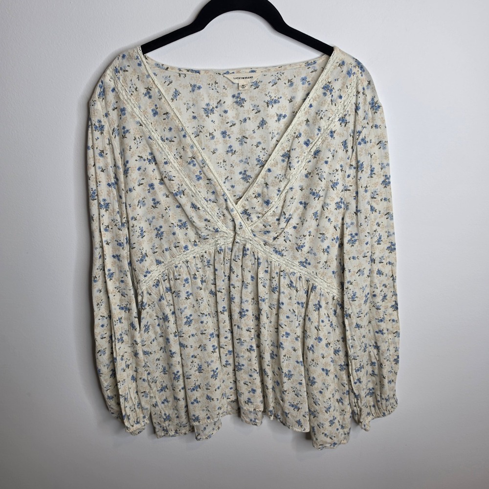 Lucky Brand Floral Lace Trim Peplum Blouse Womens XLarge